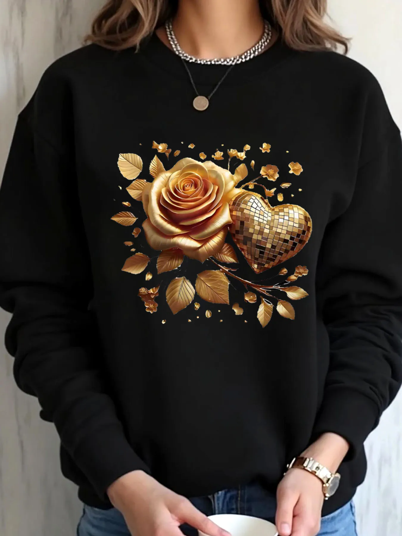 

Женская толстовка большого размера на день Святого Валентина с принтом золотого розы и сердца, верхняя одежда