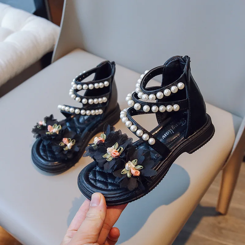 Girls\' Summer 2024 New Sandals Korean Version of Fashion Pearl Princess Shoes Big Children Style Everything with Flower Sandals