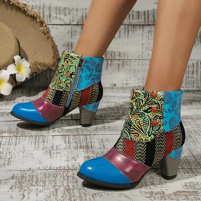 Vintage Leather Women Boots Bohemian New Female Retro Printed Buckle Soft Zipper Ankle Boots Women Botines Mujer Botas Feminino