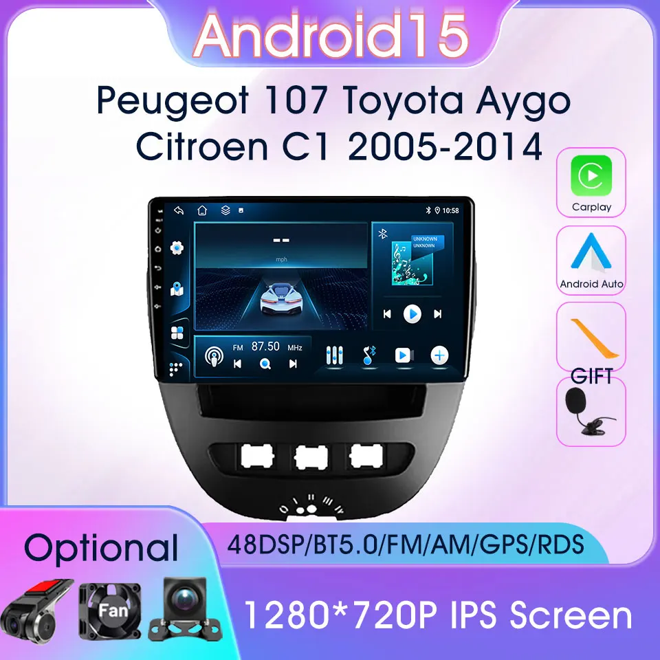 

2Din Android 15 Multimedia Player For Peugeot 107 Toyota Aygo Citroen C1 2005-2014 HD Touch Screen Car Radio GPS DSP FM BT Radio