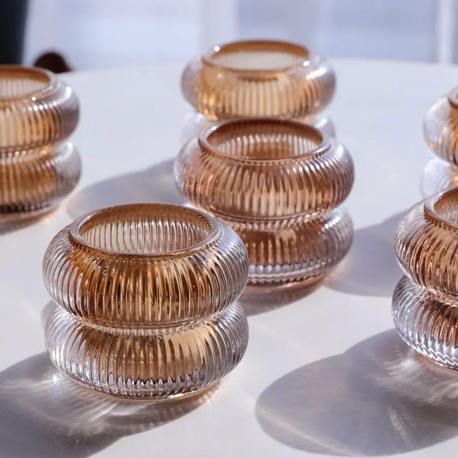 

Ribbed Amber Votive Candle Holders Set of 12 for Wedding Table, Vintage Glass Tealight Candle Holder for Fall Decor, Boho Tea Li