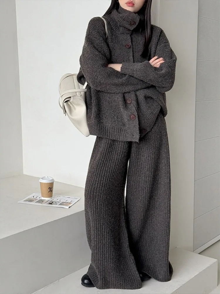 LIinar New Fall Winter High-Neck Single-Breasted Loose-Fit Solid-Color Cardigan and Casual Wide-Leg Pants Set Women's Knit Set