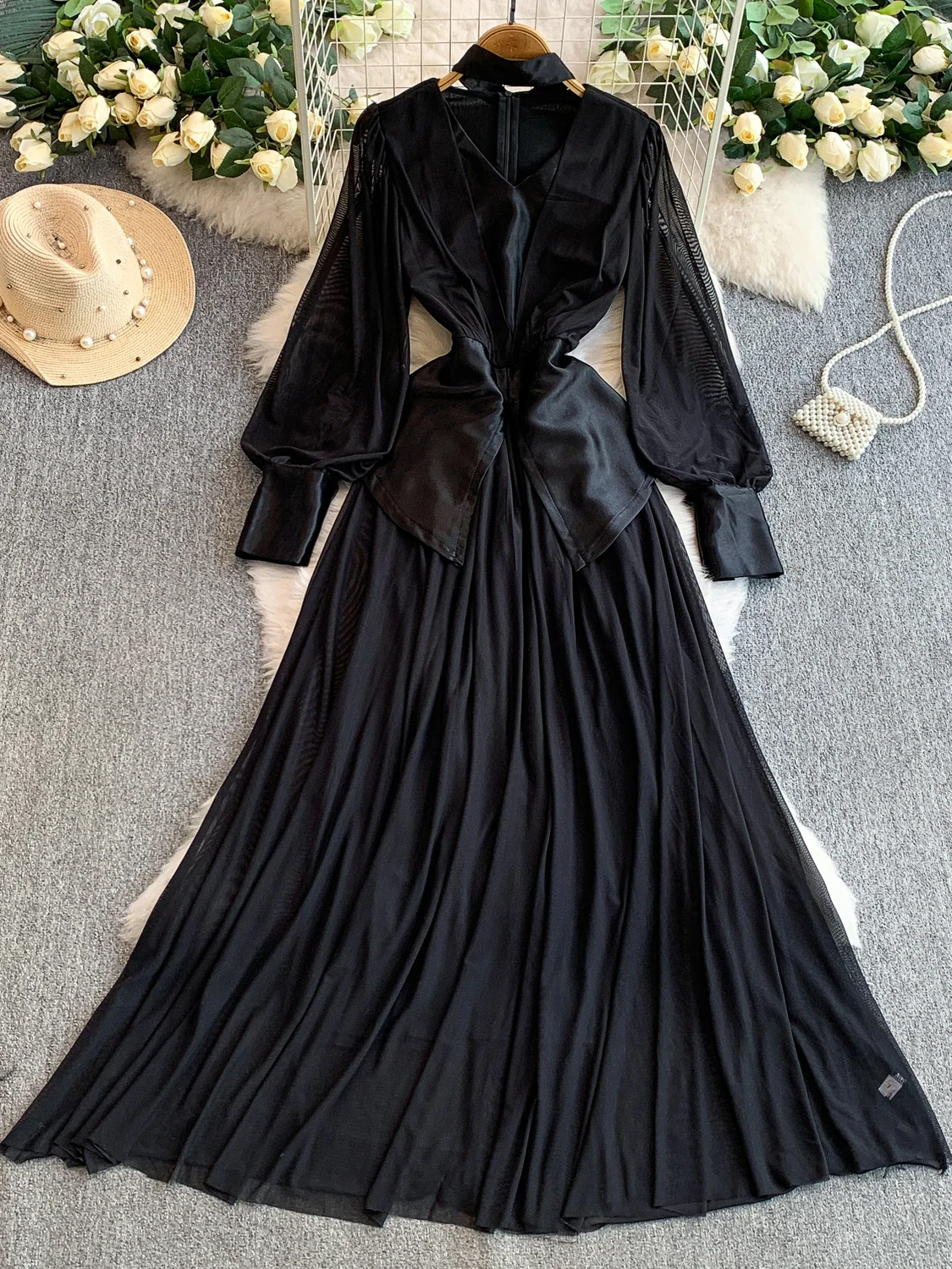 Ele Satin V-Ne Hanging Ne Long Dr Women's Slimming Drapey Skirt European Sle Splicing High Waist A-Line Dr