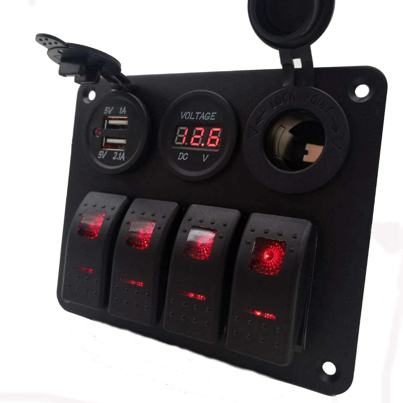 4 Gang 12-24V Rocker Switch Panel with 3.1A Dual USB Charger Digital Voltmeter Waterproof for Car Marine Boat Yacht