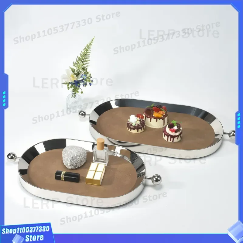 Luxury Stainless Steel Mirror Tray High End Metal Fruit Plate Cake Stand Jewelry Storage Organizer Leather Accent Home Decor