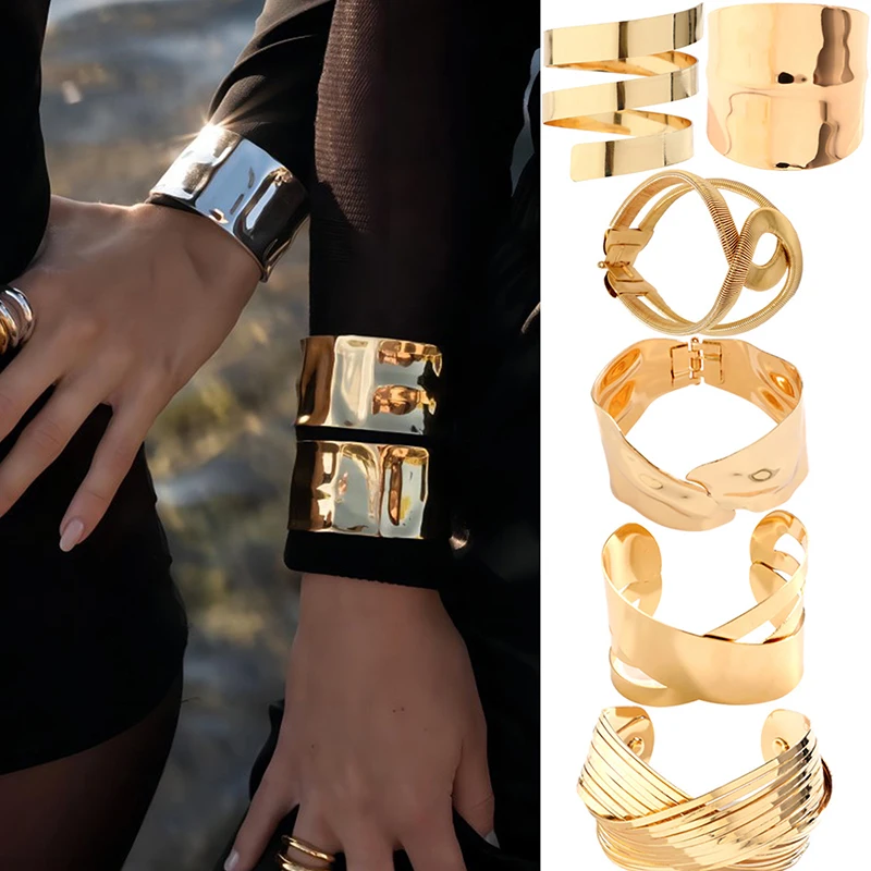 Exaggerated Irregular Metal Concave Open Cuff Wide Bangles Gold Color Chunky Bracelets Party Jewelry