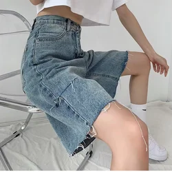 2024 Spring Summer Loose Ripped Holes Ladies Wide Leg Jeans Shorts High Waist Pockets Straight Women Denim Shorts Ropa De Mujer