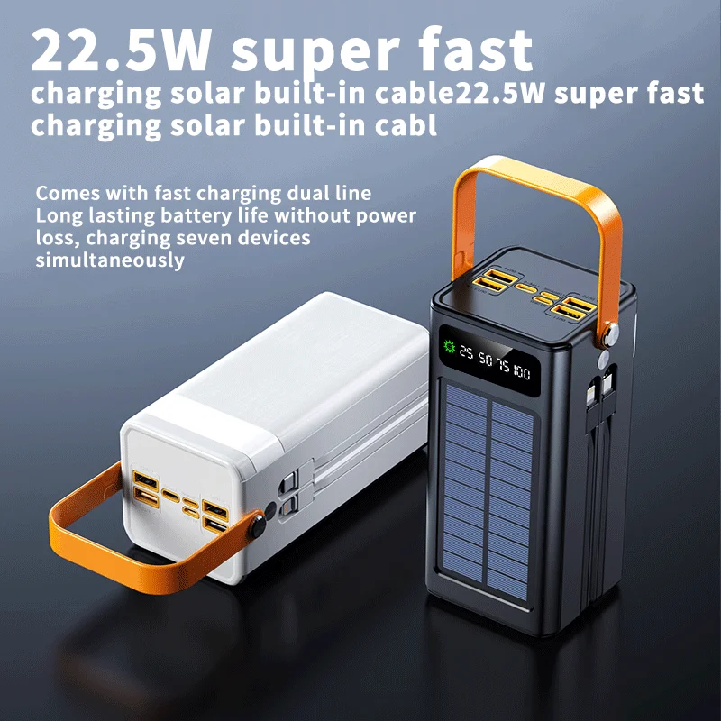 50000mAh power bank, portable power bank, solar panel, LED display screen, bidirectional fast charging, suitable for camping