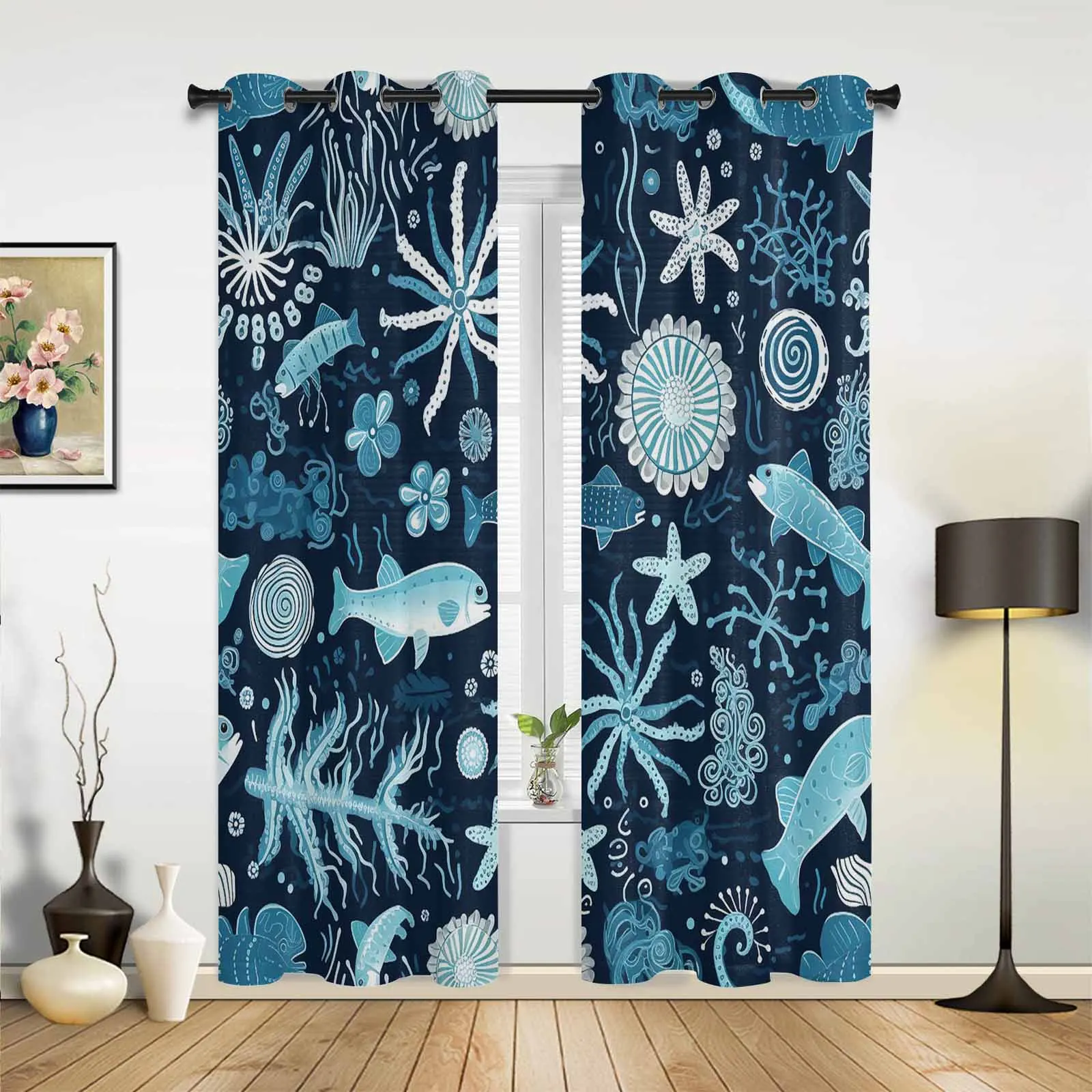 Ocean Aquatic Plants Abstract Fish Modern Window Curtains for Living Room Luxury Bedroom Blinds Drapes Kitchen Curtains