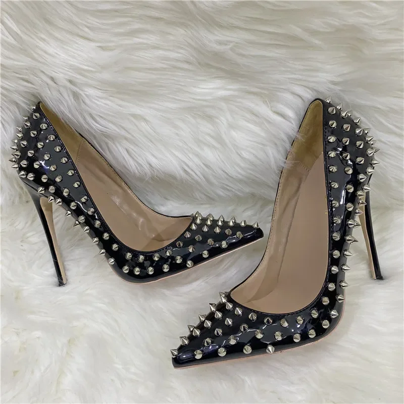 Party Women Pumps PU 2021 New Fashionable Celebrity Rivet 12CM Pointed Fine Heel Shallow Mouth Rivet Shoes Woman Shoe Black