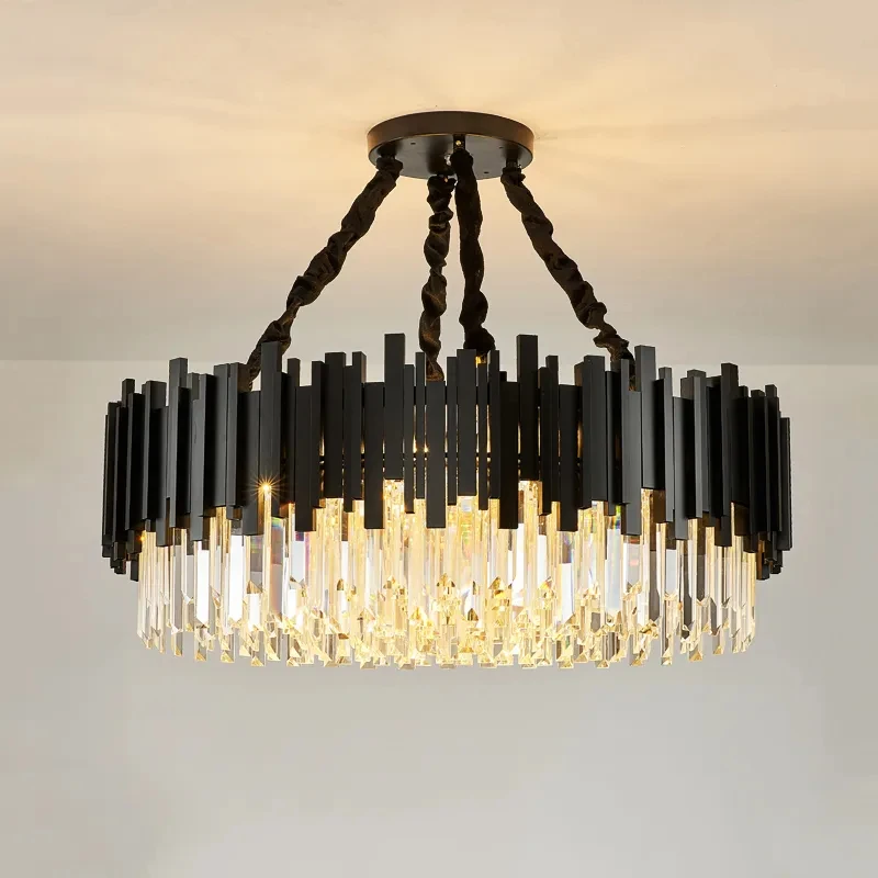 Modern crystal luxury circular chandelier, black living room, bedroom, indoor study, long LED lighting decoration light