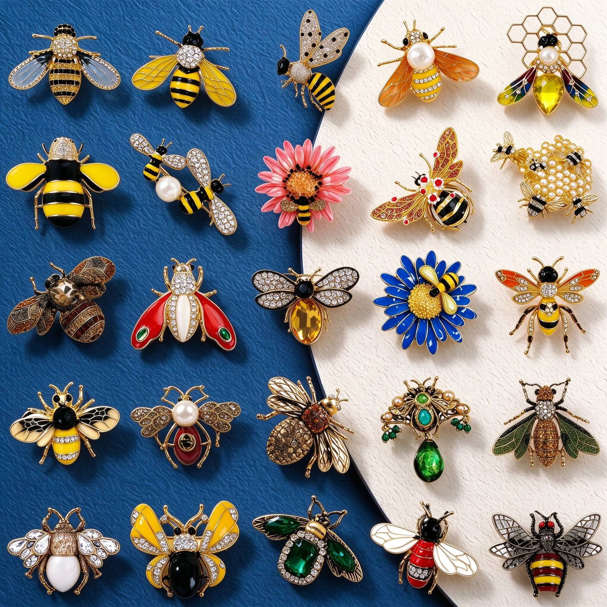 Essh&Pule Vintage Bumble Bees Brooch Set Enamel Rhinestone Crystal Pearl Honeybee Lapel Pins for Women Coats Suits Jewelry Gifts
