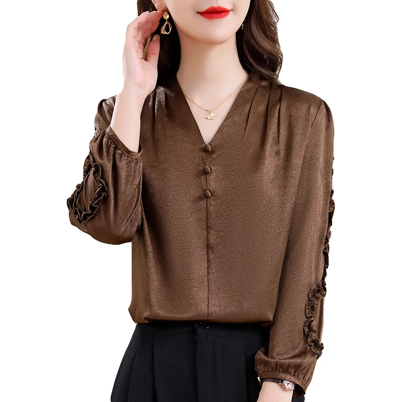 

Женские весенне-летние блузки и рубашки, однотонные шикарные оборки, женские повседневные атласные топы с длинным рукавом и v-образным вырезом
