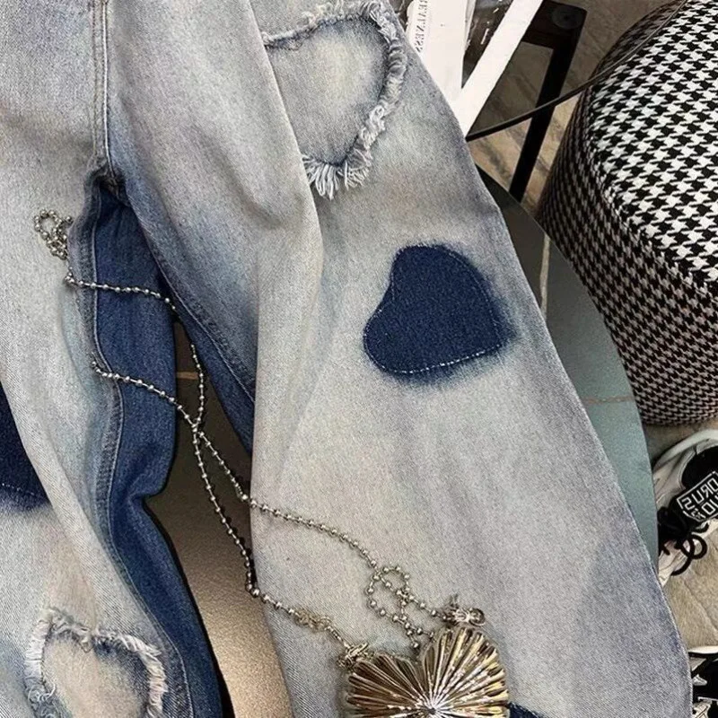 Amor jeans de perna larga feminino outono e inverno novo design de moda sentido nicho solto esfregar cintura alta jeans femininos retos