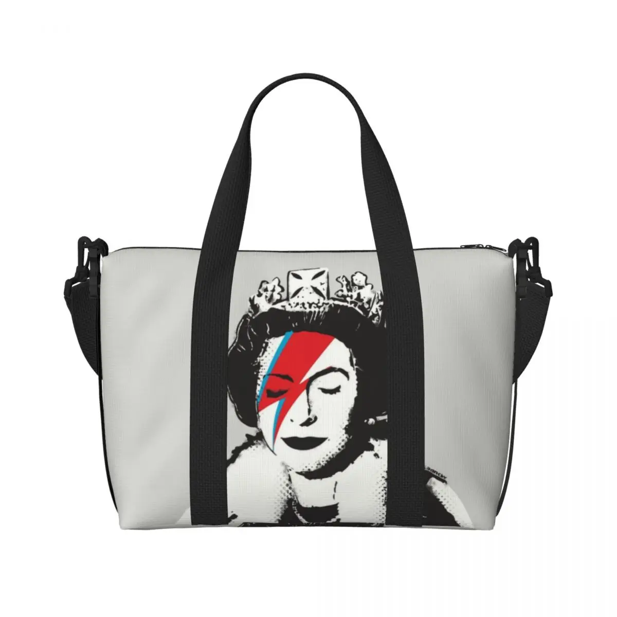 Custom Banksy UK England Queen Elisabeth Rockband Face Makeup Beach Tote Bag  Graffiti Big Compartment Beach Gym Travel Bags