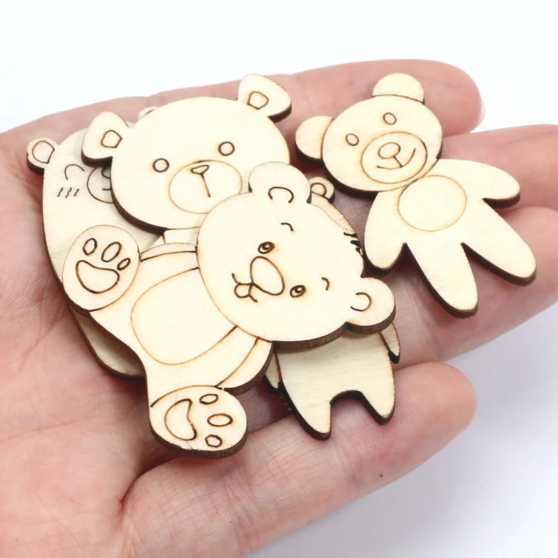 20pcs Cute Bear Shape Wooden Slices Embellishments Unfinished Wood Bear Ornament Handmade Crafts DIY Wedding Decoration