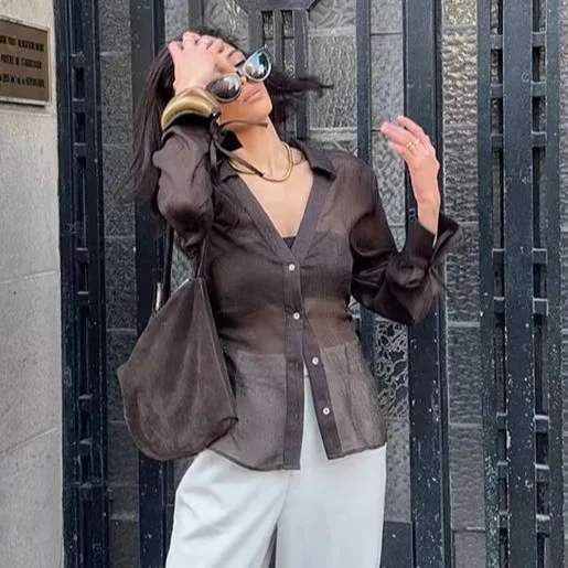 

Женская блузка KIDCRKJ с рюшами, отложным воротником, однобортная, с манжетами на завязках, для офиса, с длинным рукавом