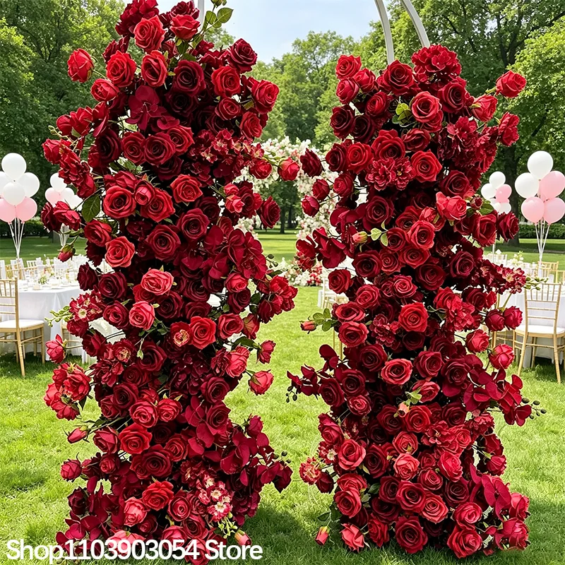Rote Rosenblumenreihe, künstliches Blumenpaneel, stilvolles Deko-Accessoire, ideal für Hochzeitskulissen, Bühnen, Feiertagspartys und Event-Layouts. – Detail 6