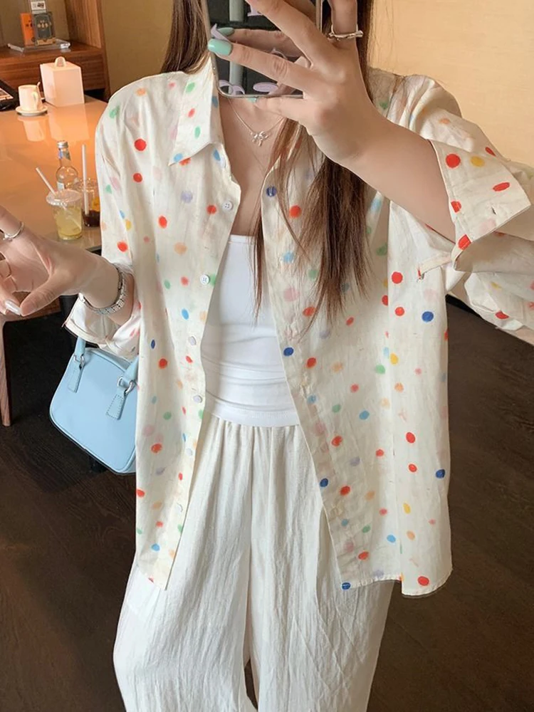 Jmprs Rainbow Dot Sweet Shirt Women Korean Loose Long Sleeve Fashion Blouse Fall Elegant Casual All Match Female Chic Tops New