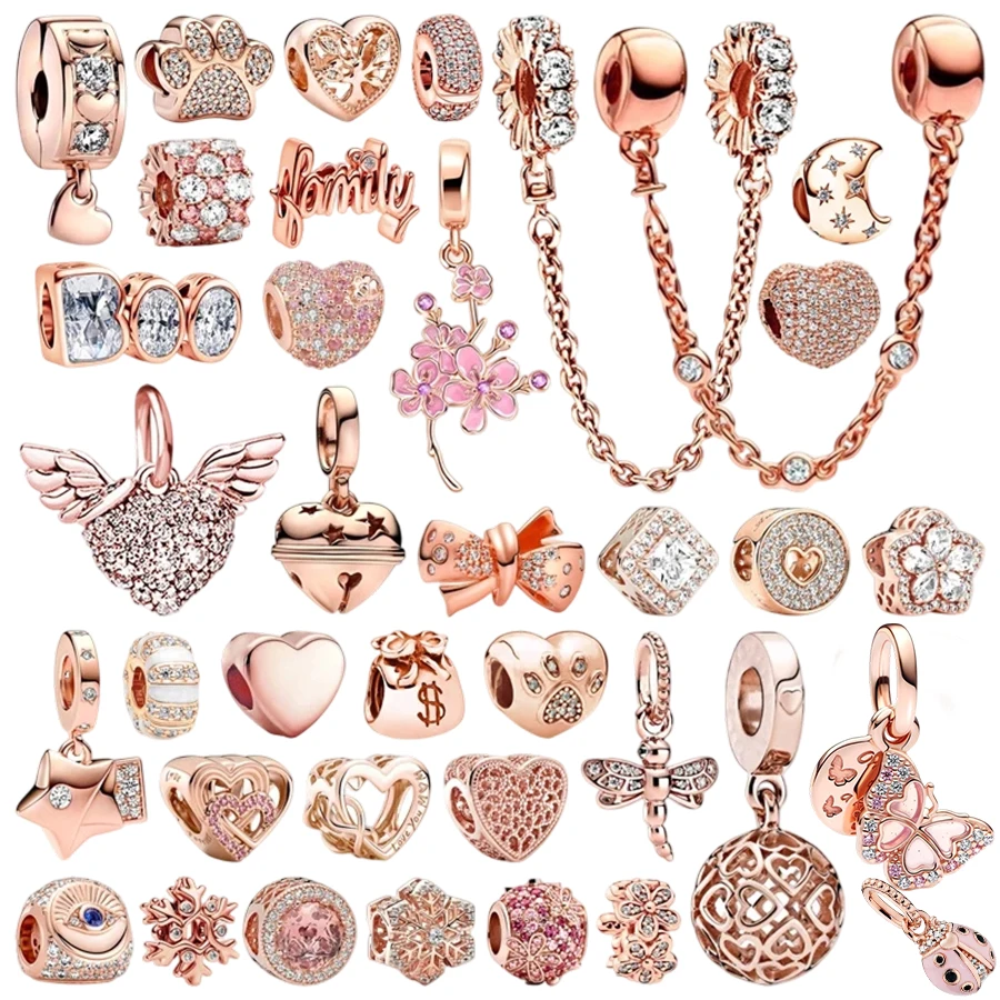 2026 Hot Sale Rose Gold Charms Beads Heart Butterfly Paw Print Family Pendant Safety Chain Zircon Bead DIY Jewelry Women Gifts