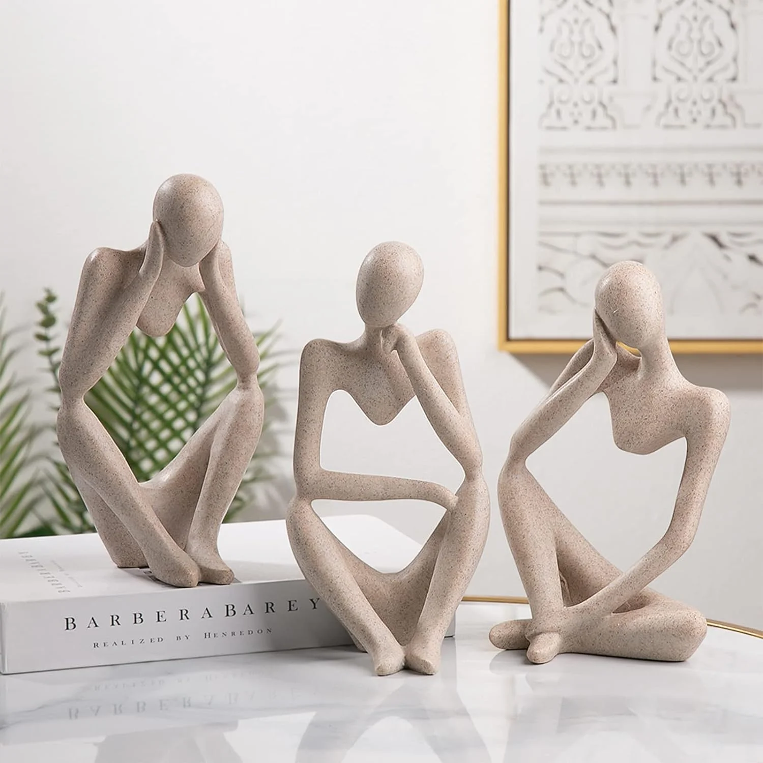 Thinker Statues Set of , Sandstone Resin Thinker Statue Ornaments, Abstract Style Sculpture Statue Collectible Figurines for  De