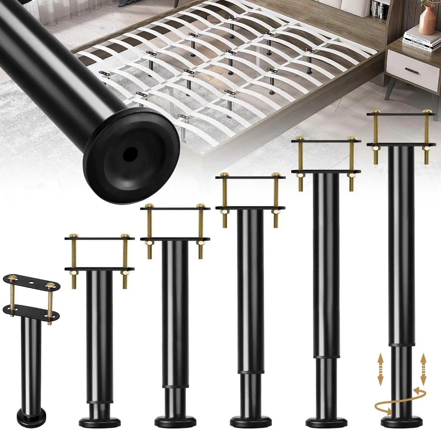 6 Pcs Adjustable Height Bed Support Legs, 14-23.6 Inch Metal Under Bed Frame Support Legs, Extra Sturdy Bed Legs Replacement