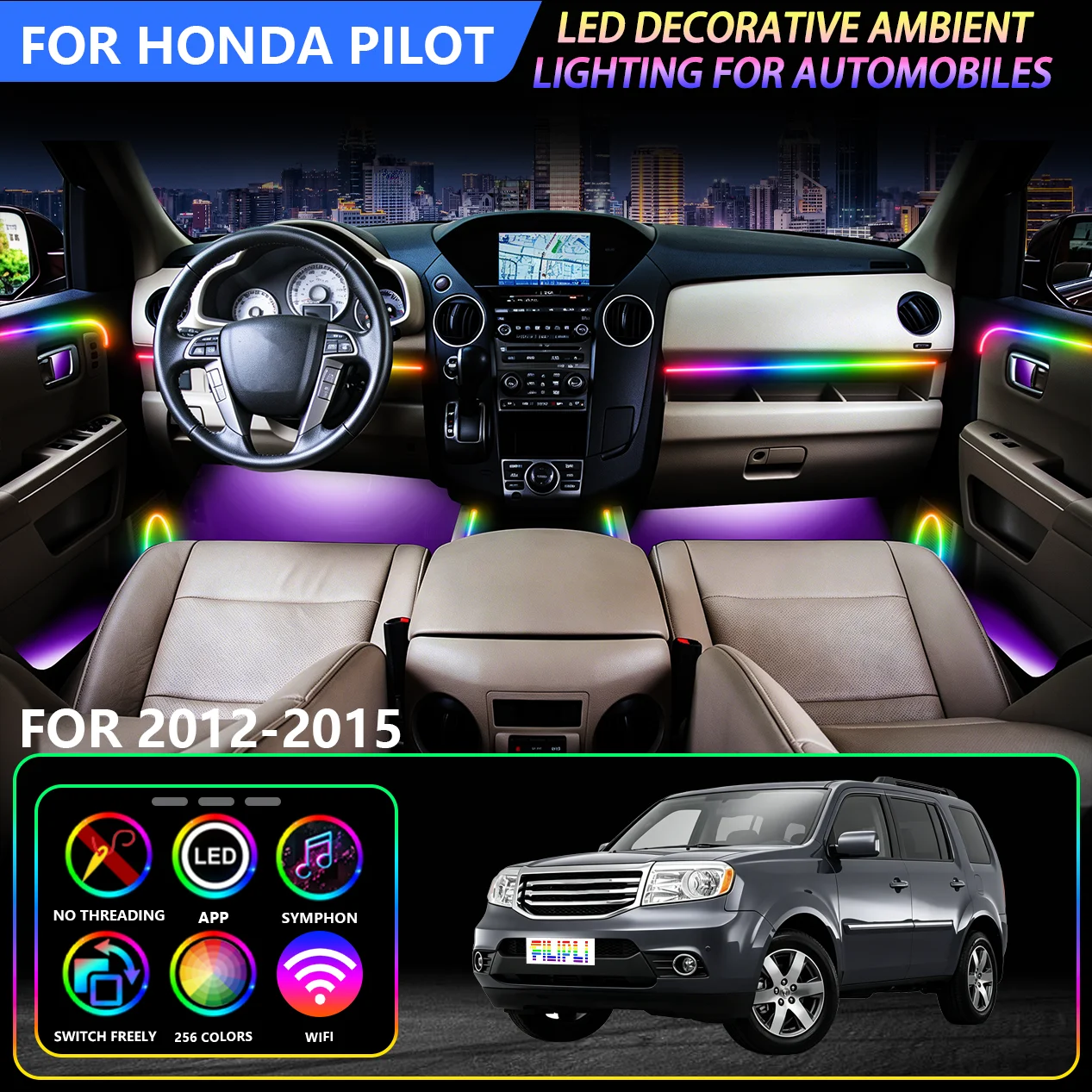Car Interior Dreamcolor Ambient Lighting, For Honda Pilot 2012-2015 Models Full Spectrum Rainbow 6 In 1 Acrylic LED Strip, APP Control Neon Lights Music Sync Sound Active Multiple Dynamic Modes, Color Atmosphere Lamp Kit