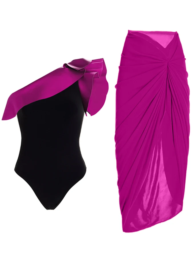 Costume da bagno intero da donna nero e rosa triangolo Skinny con spalle inclinate Bikini con volant che copre la spiaggia di moda Sexy