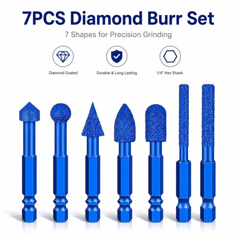 1/4 Inch Hex Shank Diamond Grinding Burrs 7 Shapes Rotary Tool Bits for Granite Marble Ceramic Stone Carving & Shaping