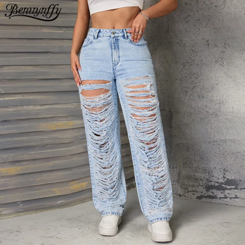 

Benuynffy American Fashion Ripped Boyfriend Jeans Women's Spring Summer Streetwear Mid Waisted Loose Straight Leg Denim Trousers