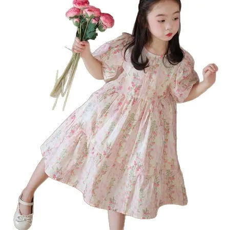 2026 Summer New Girls Floral Dress Stylish Puff Sleeve Skirt Kids Summer Little Girl Short Sleeve Dress