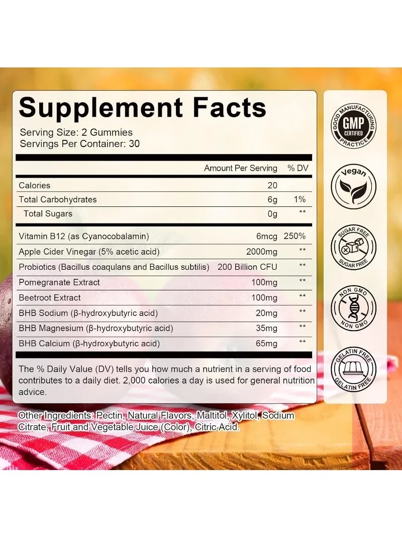 Apple Cider Vinegar Gummies Are Sugar Free and Support Good Health, Containing Probiotics, B12,BHB, 60 Pieces