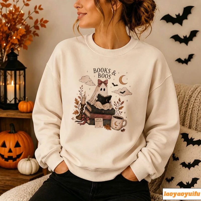 Bookish Boo Reading Ghost Stacked Books Moon Coffee Cup Floral Candle Print Pullover Long Sleeve Halloween Casual Streetwear Top