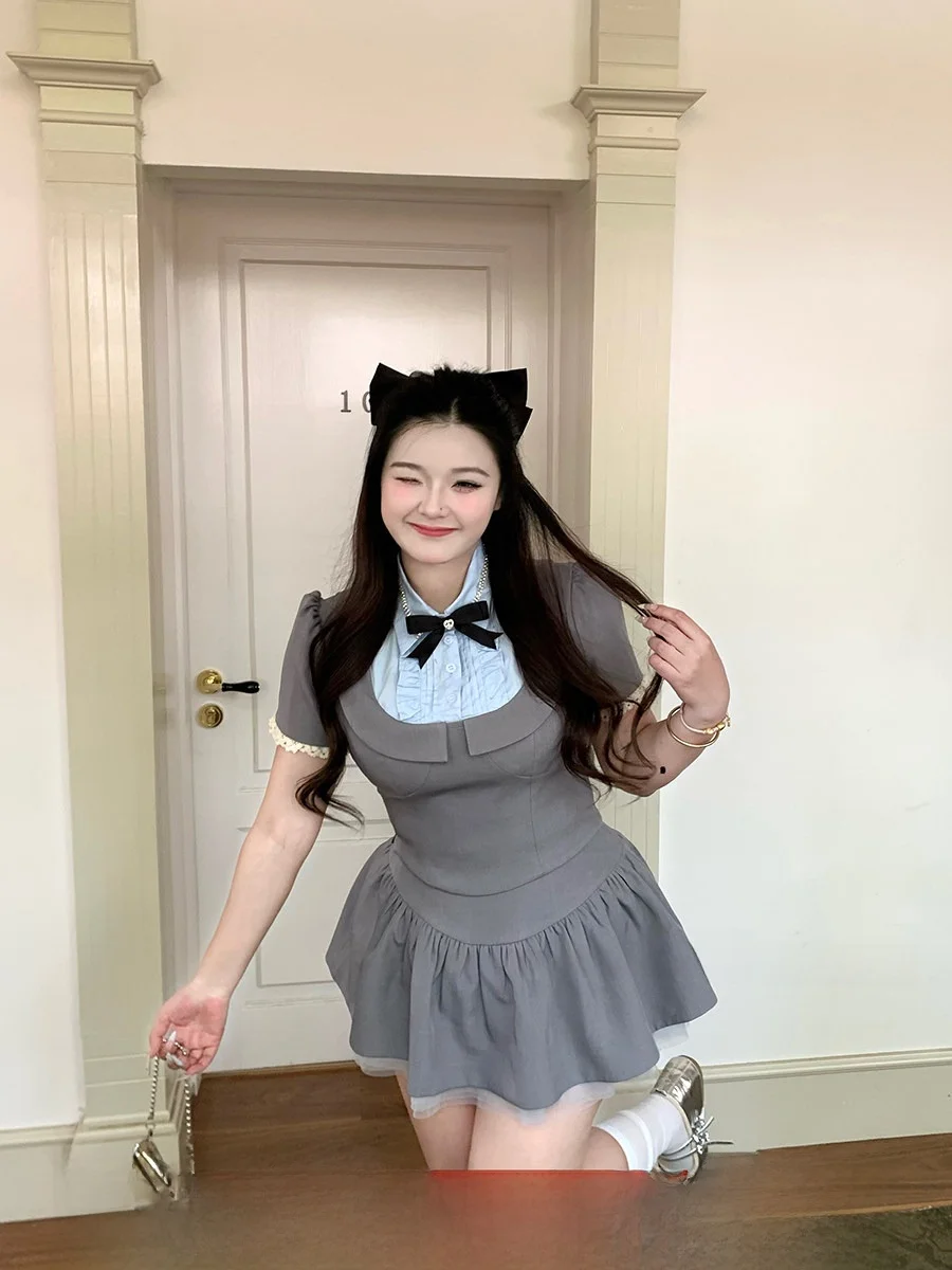 

Летний модный комплект SOUL Cinderella Plus Size College: синяя блузка с коротким рукавом и воротником, утягивающая фигуру, в стиле принцессы