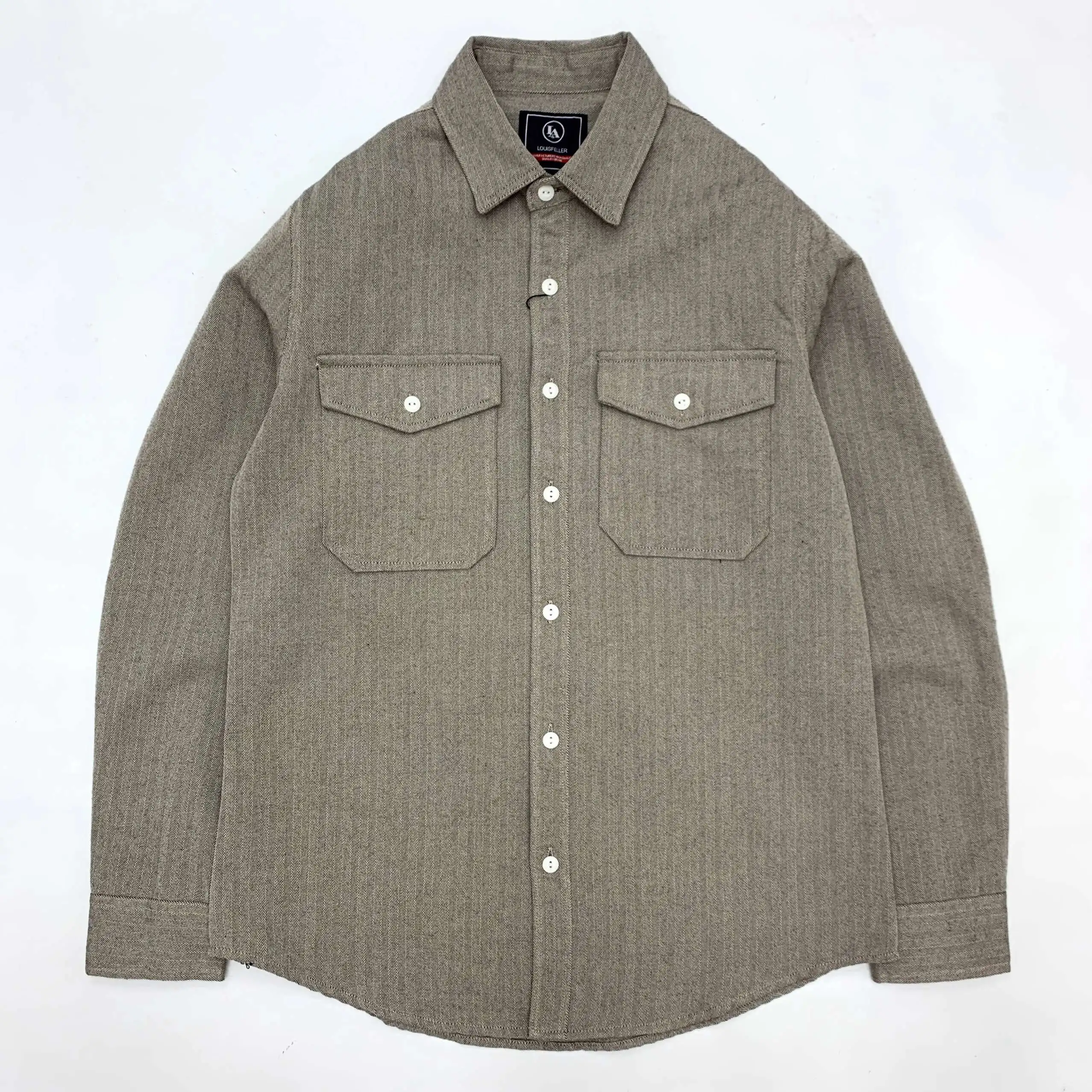 Men Thick Herringbone Workwear Dress Shirt Jacket Harajuku Loose Long Sleeve Button Down Cargo Shirt With Chest Pocket