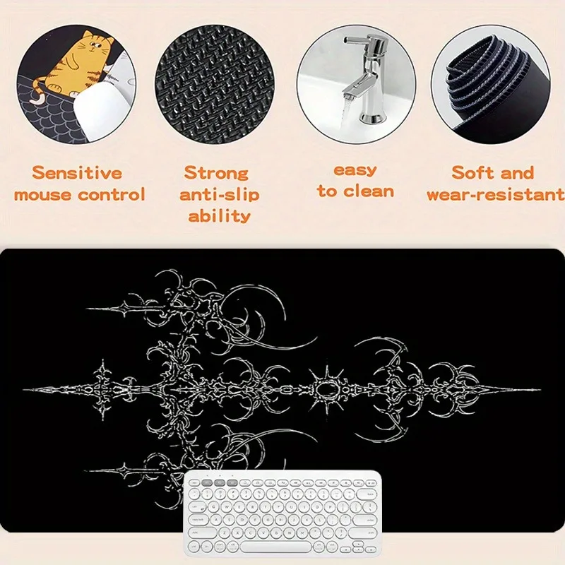 Alas Mouse Hitam Simbol Gotik Alas Meja Karet Anti Selip Besar dengan Tepi Dijahit Bantalan Keyboard Tahan Lama Dapat Dicuci untuk Kantor Rumah