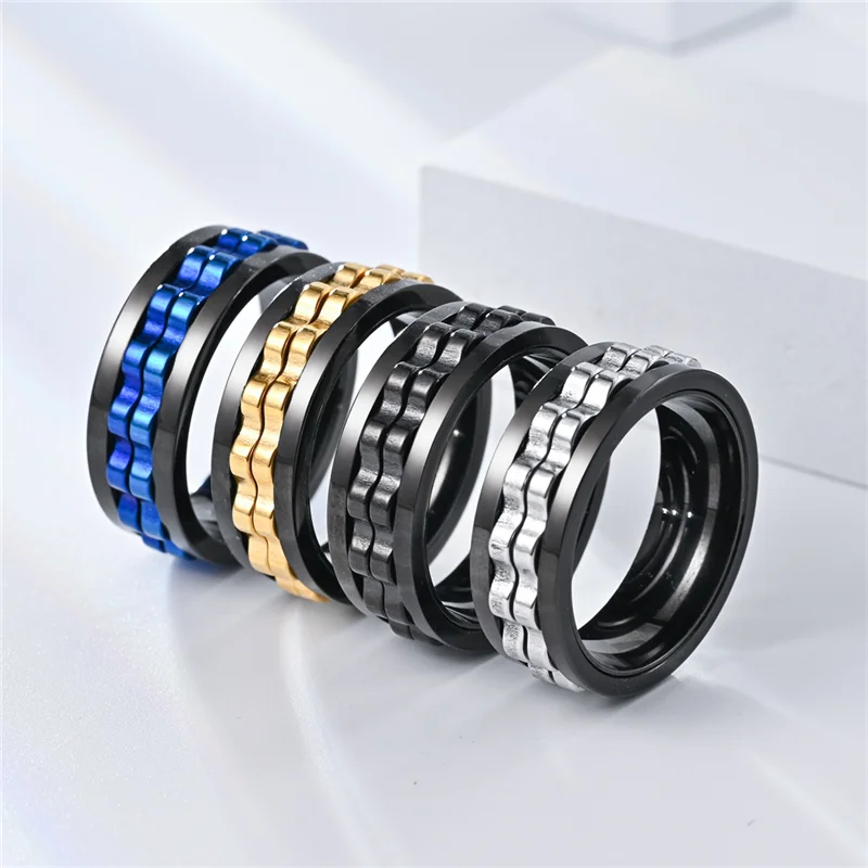 Steampunk Anti Stress Stainless Steel Ring for Men Rotating Gear Chain Spinning Fidget Rings Punk Jewelry Anillo Hombre