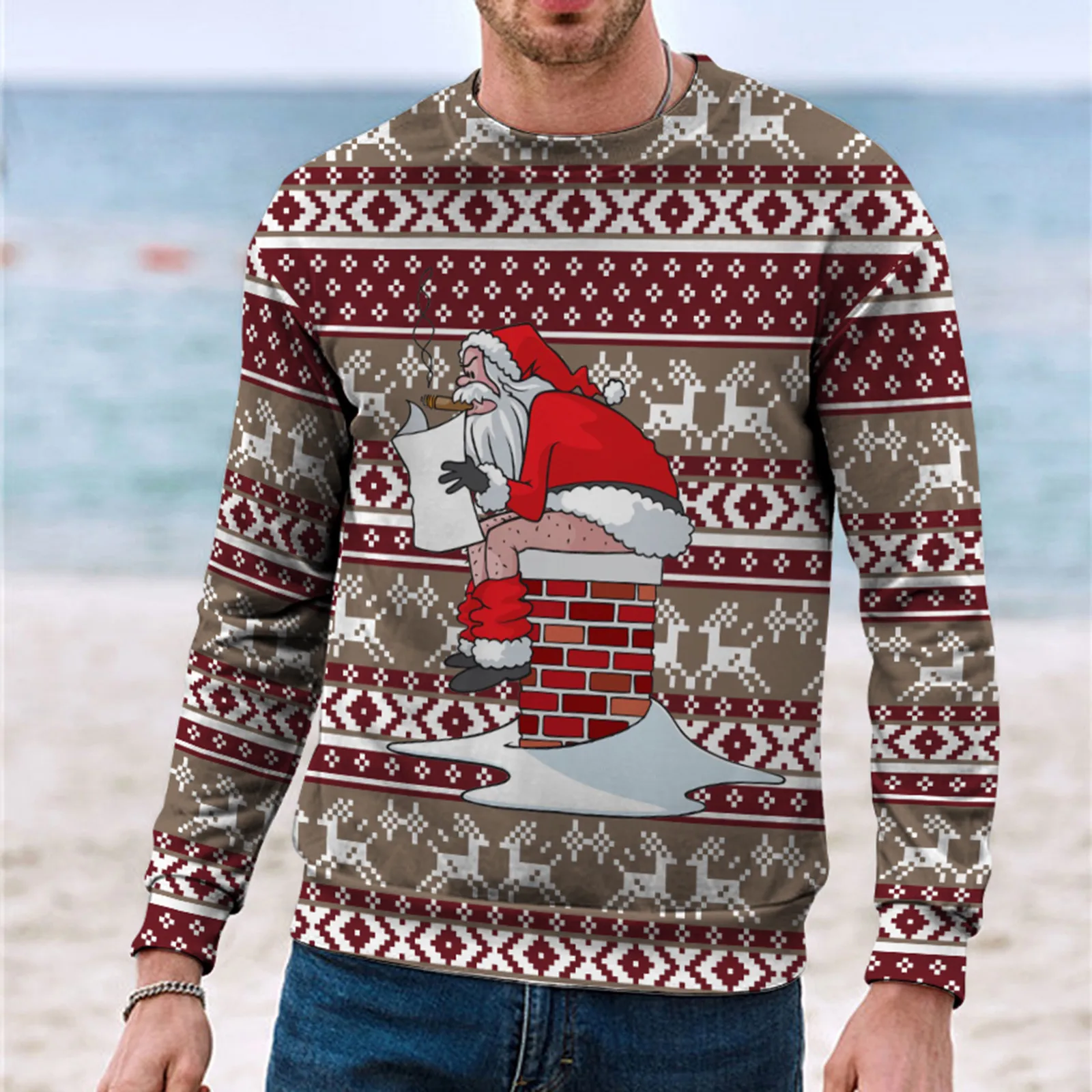 Camiseta con estampado de dibujos animados de Papá Noel para hombre, Camisa de algodón de imitación de Navidad, sudadera femenina, jersey de manga larga para hombre