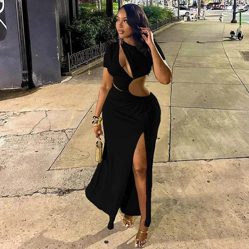 Elegantes weißes, figurbetontes Maxikleid für Frauen, Ausschnitt, O-Ausschnitt, hoher Schlitz, geraffte Taille, sexy Slim-Fit, Abend-Club-Outfit 2025,