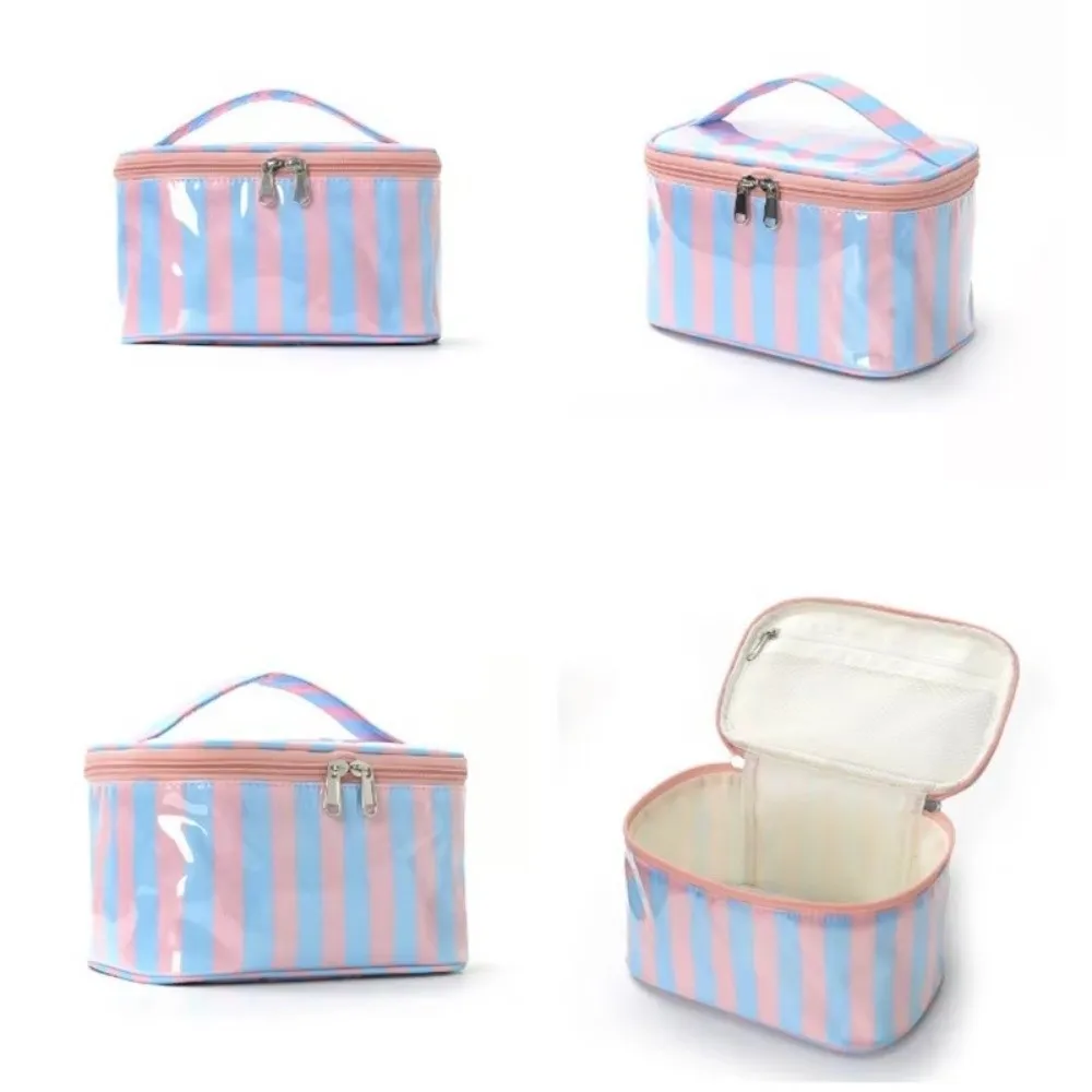 Striped Design Toiletry Storage Bag PVC Material Waterproof Makeup Organizer Case Durable Lightweight Cosmetic Travel Bag