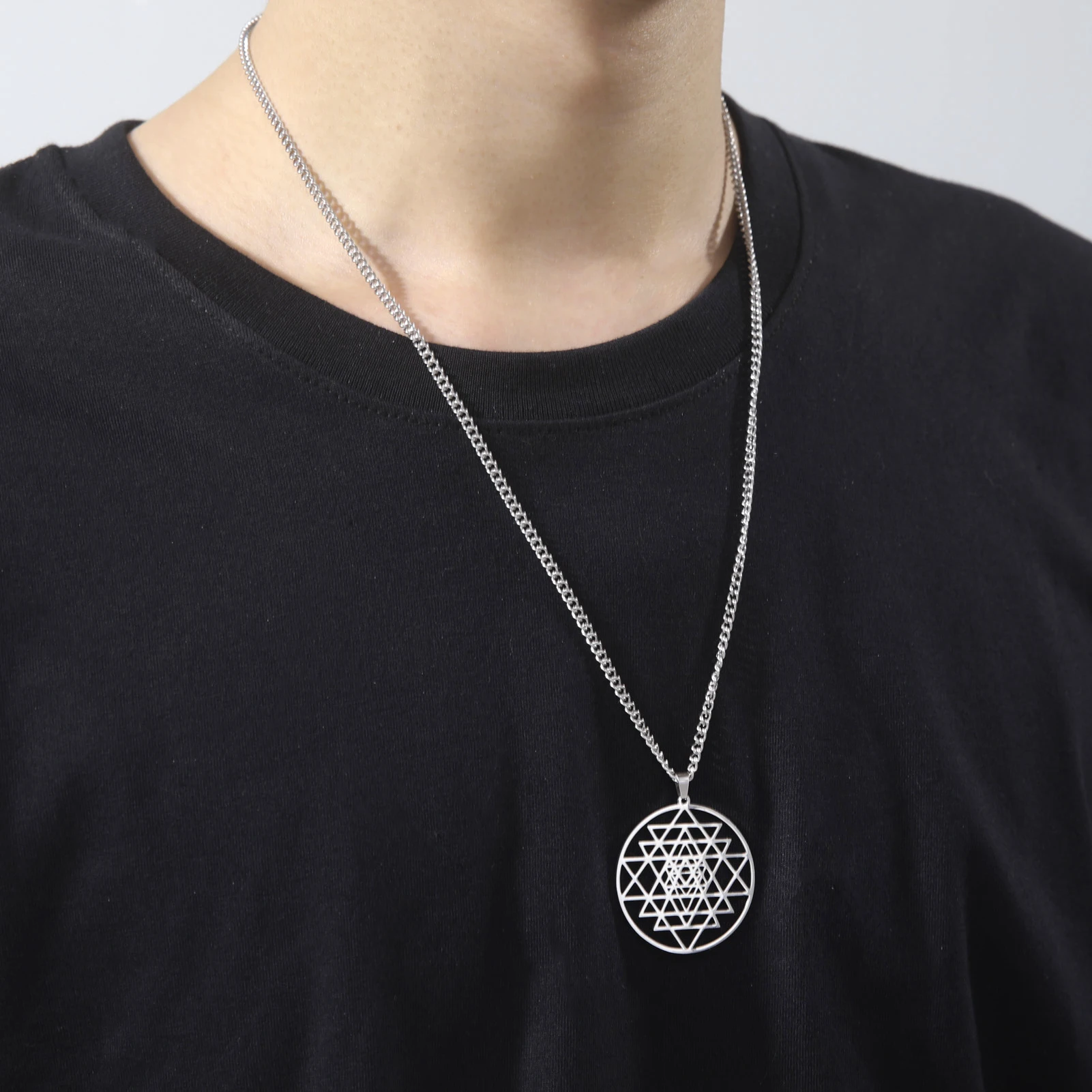 Yoga Hindu Buddhism Stainless Steel Necklace for Women Silver Color Sacred Geometry Necklaces Sri Yantra Symbol Pendants Jewelry