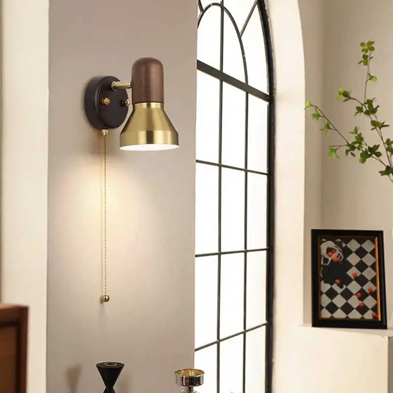 

Retro Brown Small LED Wall Lamp Solid Wood Walnut Color Bedside Rotatable Bedroom Study E27 Reading Homestay Decoration Cabinet