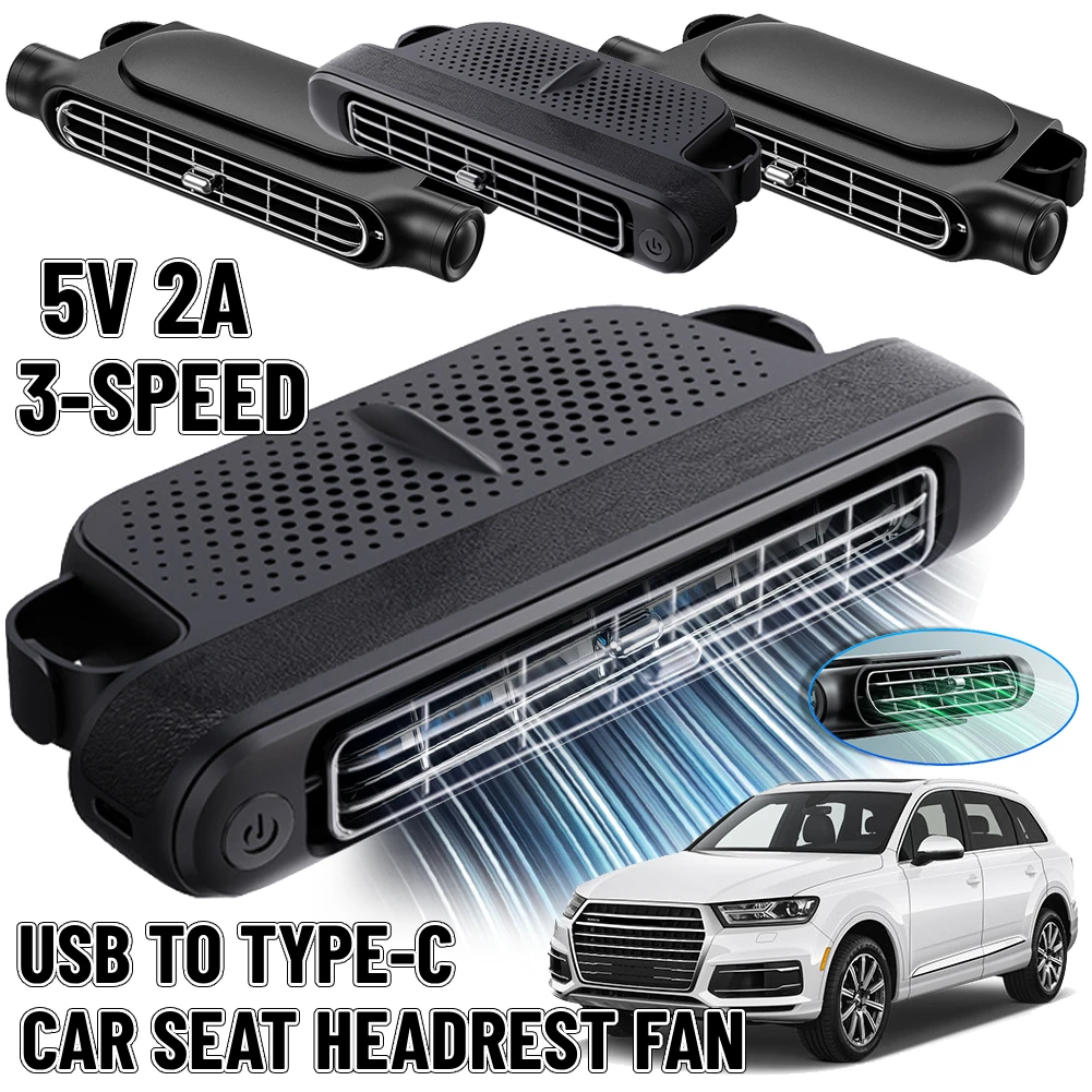 Ventilador de refrigeración USB para asiento trasero, ventilador portátil para reposacabezas de asiento de coche de 3 velocidades, ventilador eléctrico para asiento de coche de 5V/2A para Mini coches, RV, sedanes