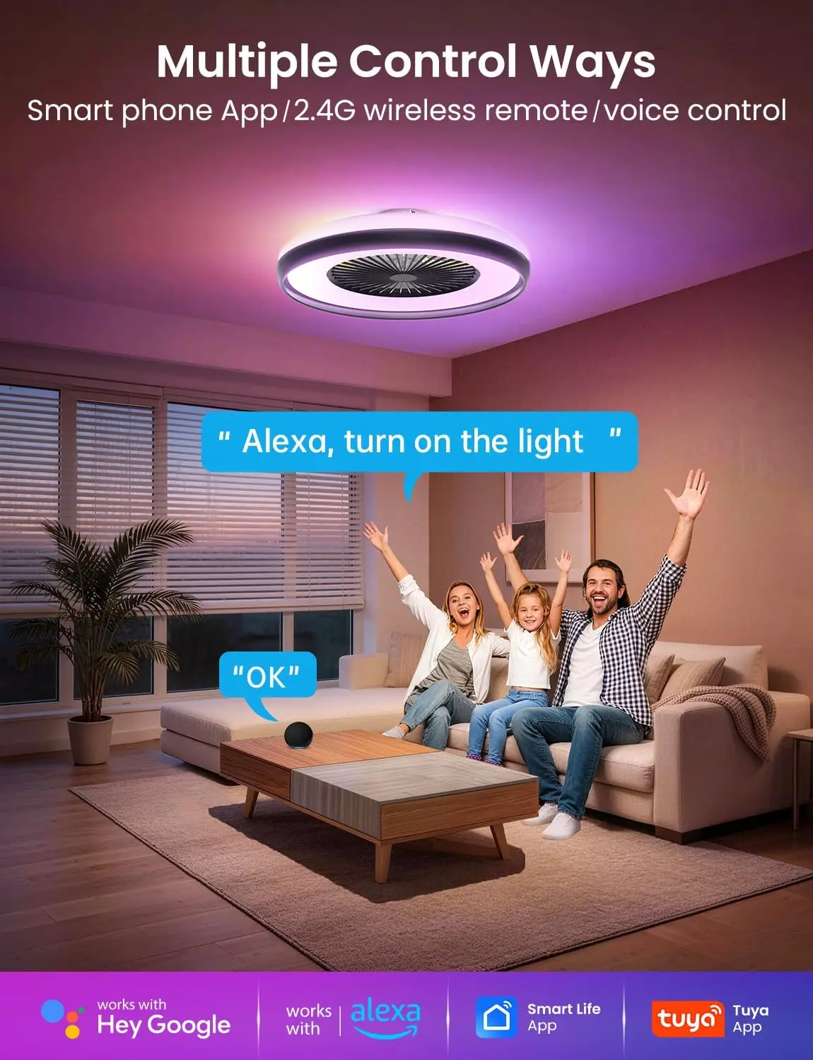 Flush Mount Smart Bladeless Ceiling Fan Light RGB Dimmable Voice Remote App Control Bedroom Kids Room