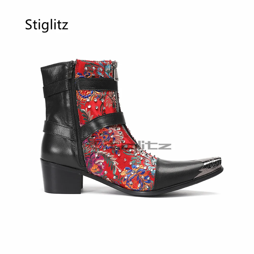 Flowers Embroidery Rivets Chelsea Boots Men High Heels Genuine Leather Patchwork Double Buckle Ankle Boots Metal Toe Male Shoes