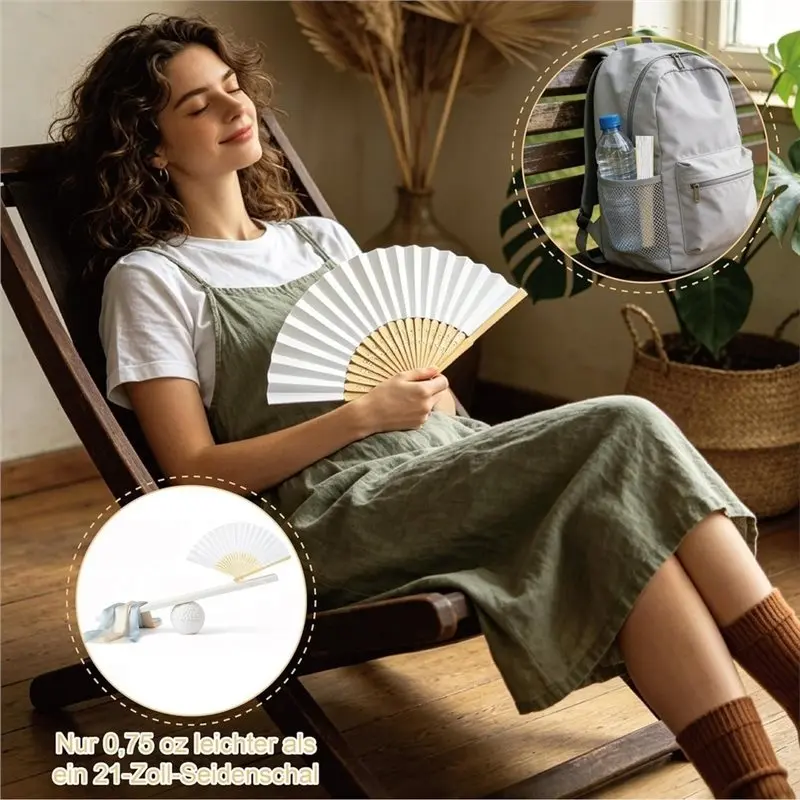 Bulk 50Pcs White Paper Hand Fans-Bamboo Folding Fan, Hand Fan Foldable, For Wedding Guest Fans
