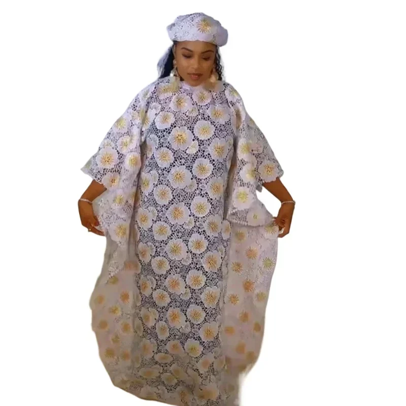 

2024 African Dresses for Women Muslim Fashion Lace Boubou Dashiki Traditional Africa Clothes Ankara Outfits Evening Gown Headtie