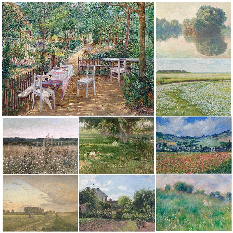 Vintage French Country Cottage Landscape Flower Garden Oil Painting Poster Prints Canvas Wall Art Pictures Home Room Decorati