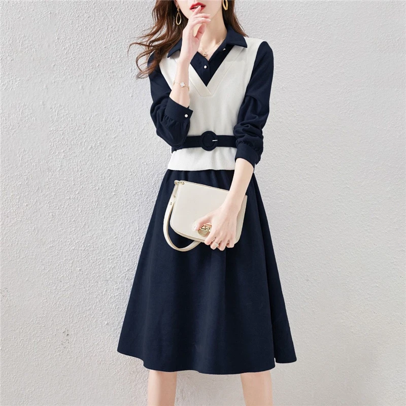 Damen Rippens trick Weste Patchwork Gürtel schicke elegante Party kleider koreanische Mode Büro Dame Langarm schlanke Midi Kleid Vestidos