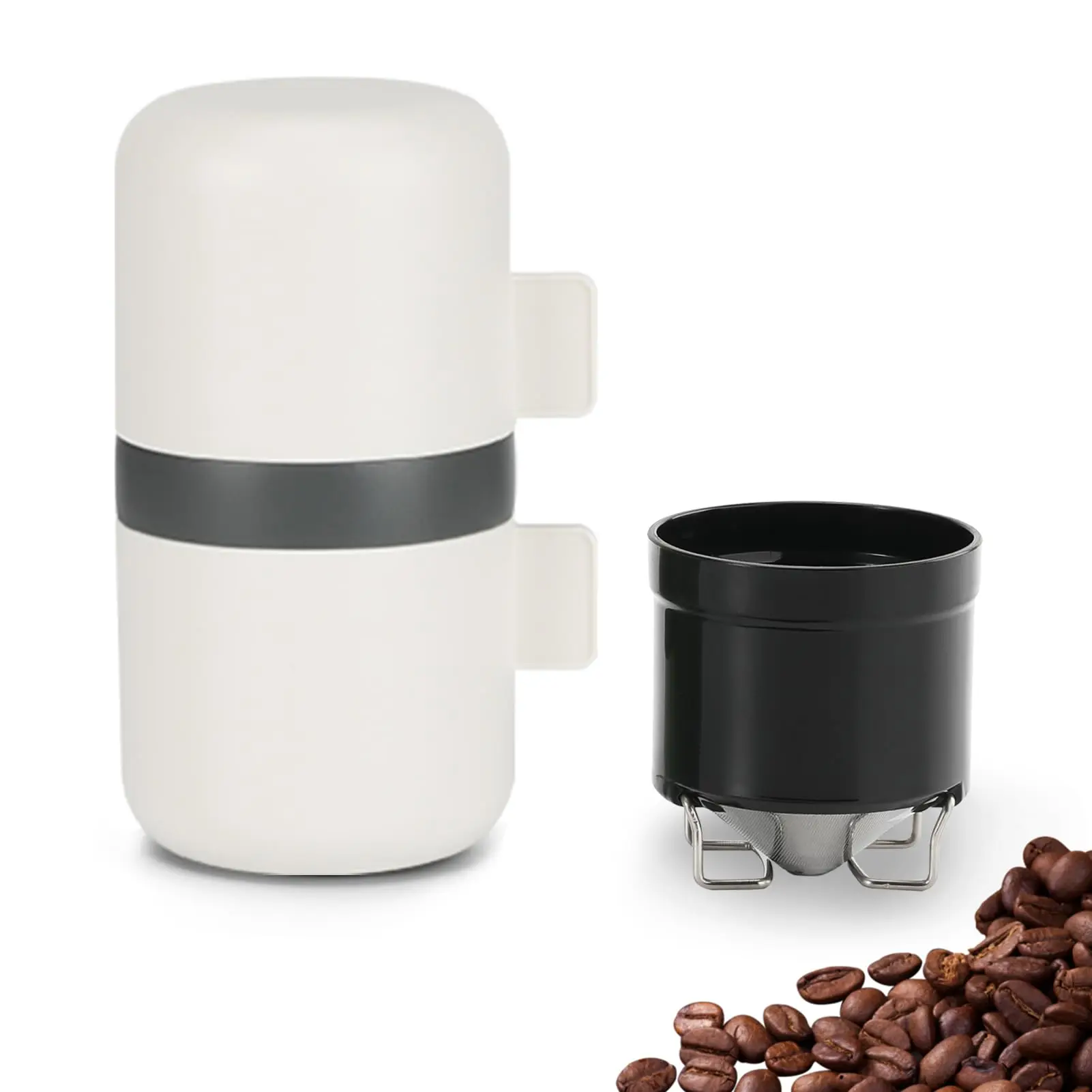 

Портативная кофеварка для путешествий с ручной кофемолкой, постоянный фильтр для кофе из нержавеющей стали с 2 чашками, белая